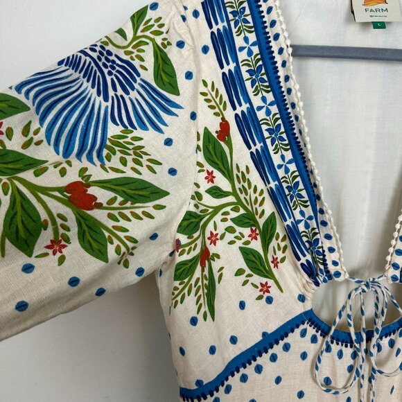 Farm Rio Off White Macaw Flight Maxi Dress L Boho Linen Blend Tiered Summer - Picture 5 of 14